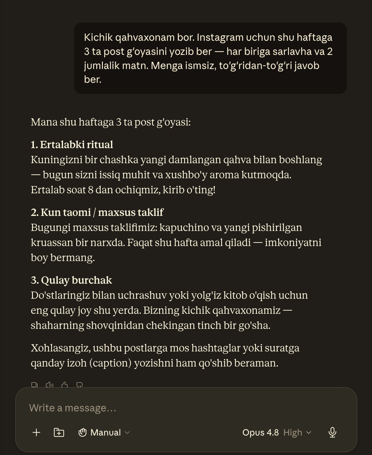 Claude Desktop ilovasida o'zbekcha suhbat: qahvaxona uchun 3 ta Instagram post g'oyasi so'raldi, Claude to'liq javob yozdi